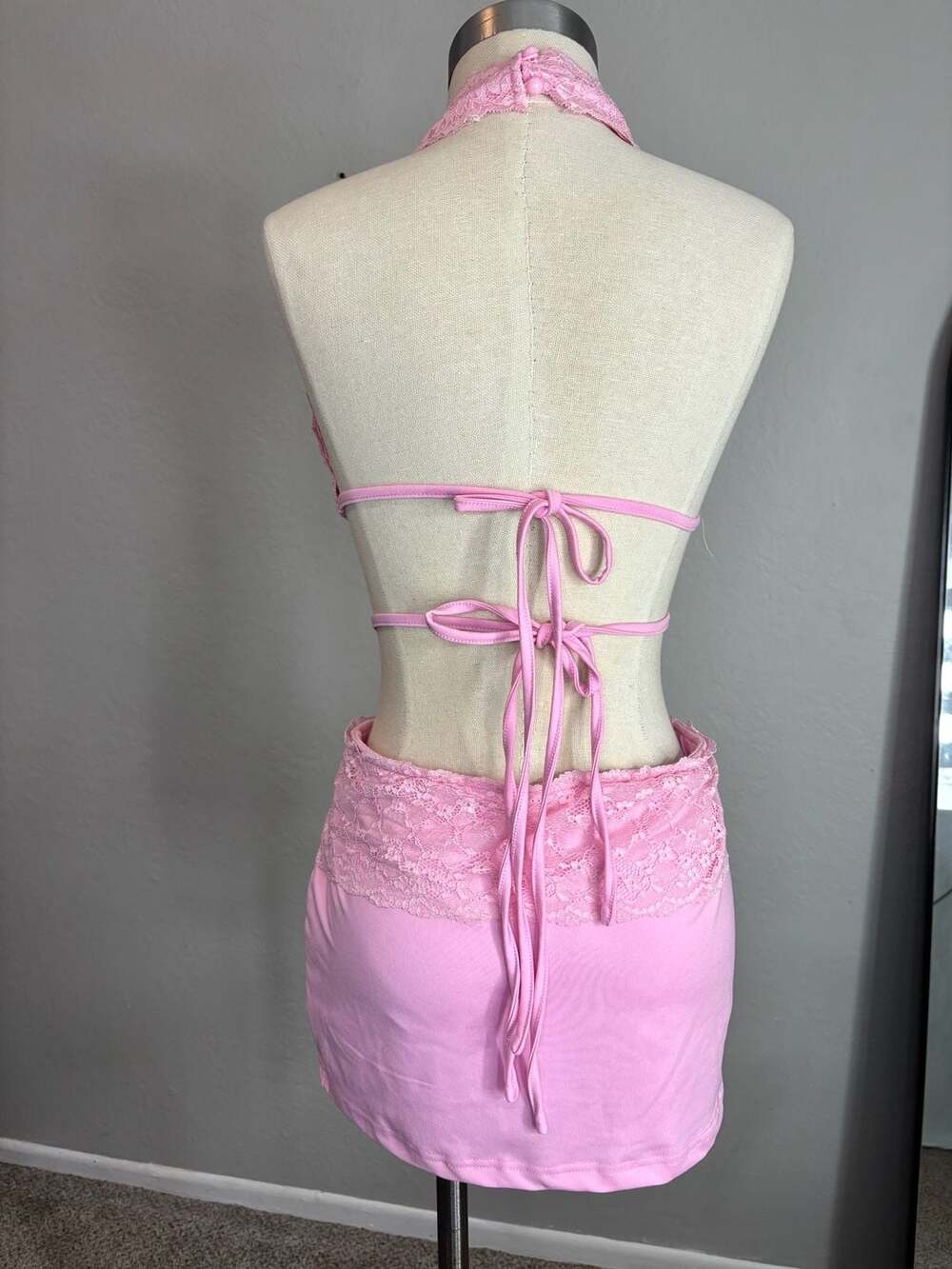 Pink Lace Halter Cut-Out Mini Dress with Rhinestone Detail - Picture 8 of 11